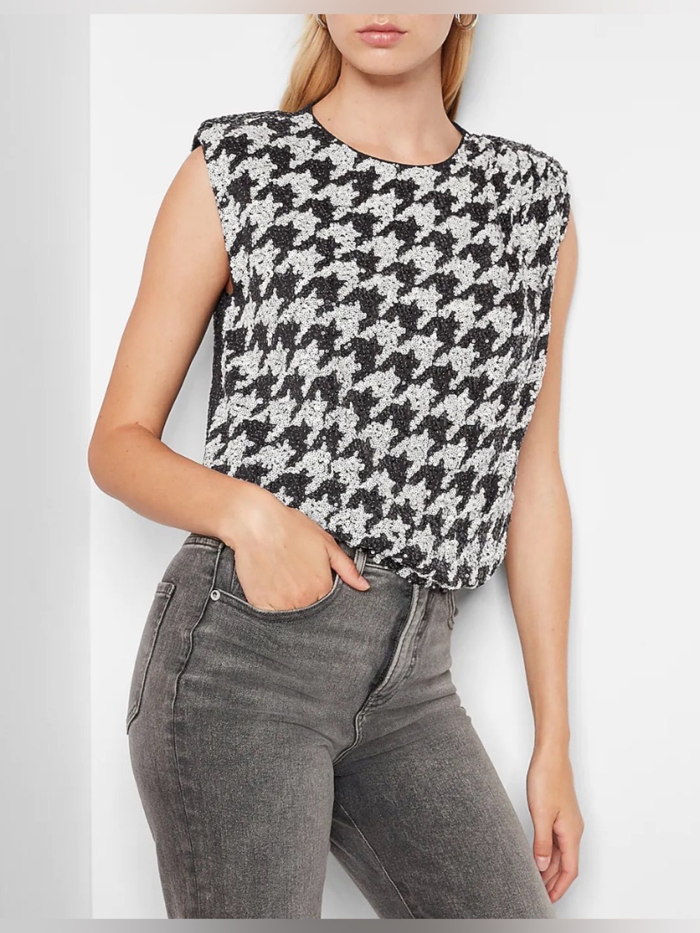 NWT Express Houndstooth Sequin padded Shoulder Top.